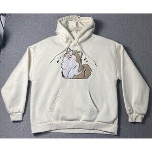 Vintage Ivory Hooded Sweatshirt With Embroidered 3D Plush Cat Size 2XL Comfy